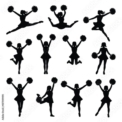 Black silhouettes of cheerleaders performing various stunts with pom poms