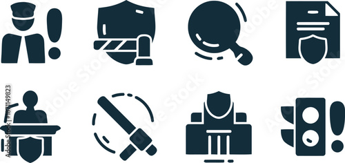 security, protection, icon, vector, police, officer, shield, barrier, magnifying glass, document, baton, traffic light, symbol, safety, law enforcement, privacy, risk management, crime, cybersecurity,