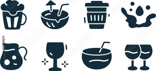 beverage, icon, vector, beer, coconut, takeaway coffee, water, wine, drink, alcohol, juice, refreshment, glass, mug, cup, cocktail, summer, party, celebration, leisure, indulgence, thirsty, relax, bar