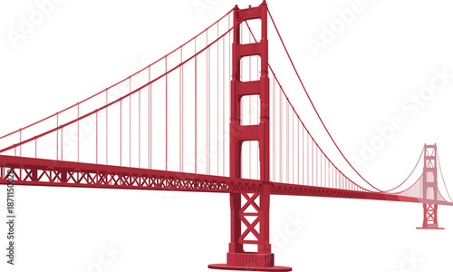 Red Golden Gate Bridge suspension bridge structure against white background San Francisco landmark