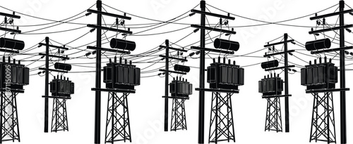 Seamless pattern of black electrical power poles with transformers and wires Keywords: electrical pole, power pole, utility pole