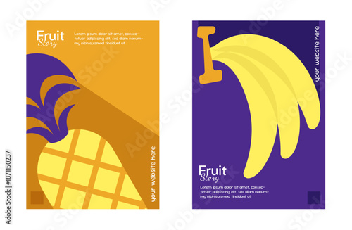 Fruit themed poster template with neon color with banana and pineapple