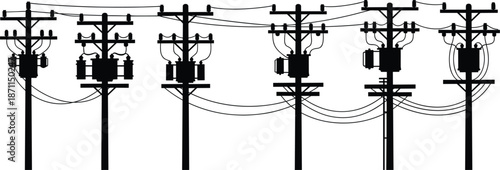 Silhouette Collection Of Electricity Poles With Transformers And Wires Keywords: electricity, power, pole, utility, transformer