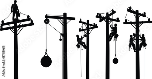 Silhouettes of Linemen Working on Utility Poles lineman power line