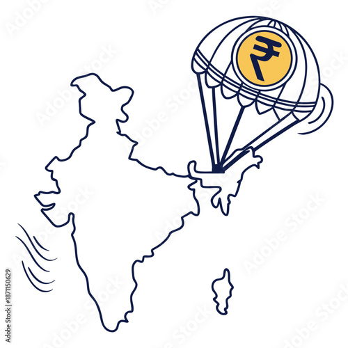 Indian rupee coin parachuting over India map outline