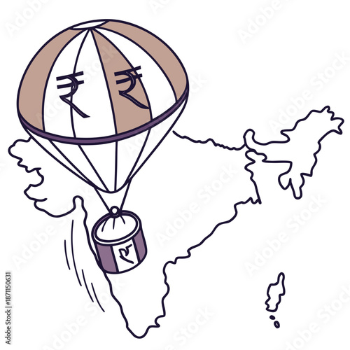 Indian rupee symbol hot air balloon hovering over India map outline