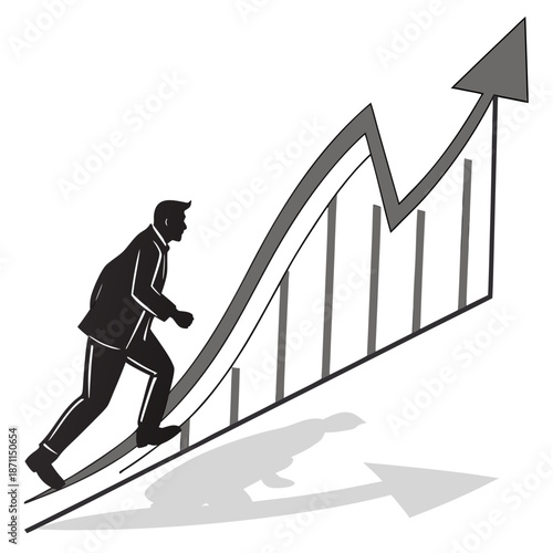 Businessman running up growing graph with upward arrow shadow on white background