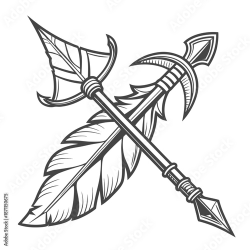 Crossed arrow and battle axe with feathers and metal