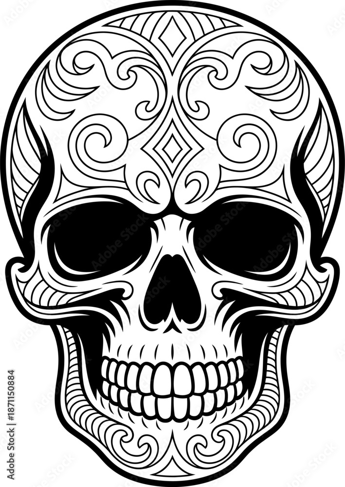 Fototapeta premium Black and white skull with intricate swirl patterns