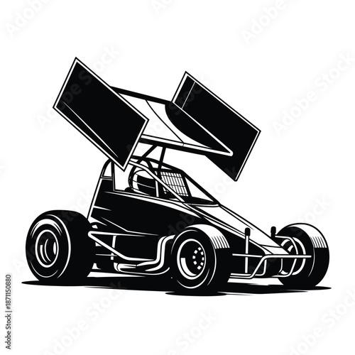 Black and white illustration of a sprint car racing vehicle