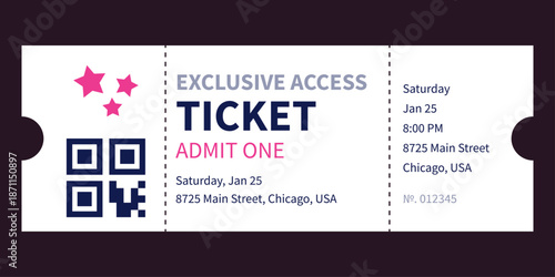Realistic ticket admit for festivals, event, theater, concert, play.
