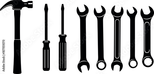 Hammer screwdriver and wrench set in black silhouette vector style
