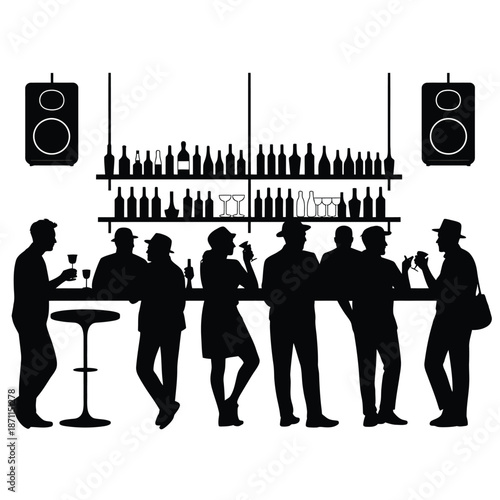 People socializing at a bar with music and bottles on shelves