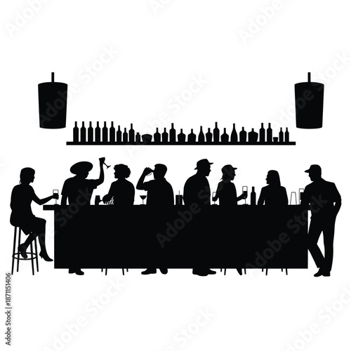 Silhouette of people sitting at a bar with bottles and speakers