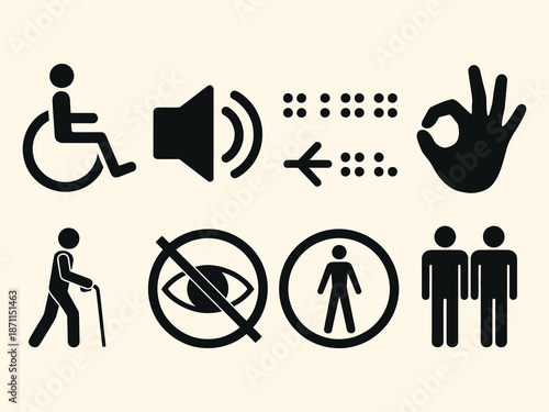 set of accessibility icons representing disability support and Inclusivity, vector illustrations for inclusive design, public spaces, web and mobile interfaces, social awareness, and equal access 