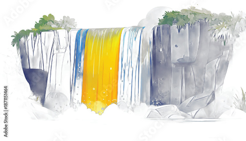 Colorful Waterfall Cascade with Lush Greenery and Rocky Outcrops.