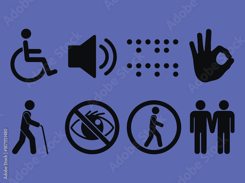 set of accessibility icons representing disability support and Inclusivity, vector illustrations for inclusive design, public spaces, web and mobile interfaces, social awareness, and equal access 