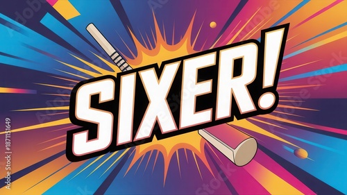 Wallpaper Mural Vibrant cricket celebration with 'SIXER!' text and bat Torontodigital.ca