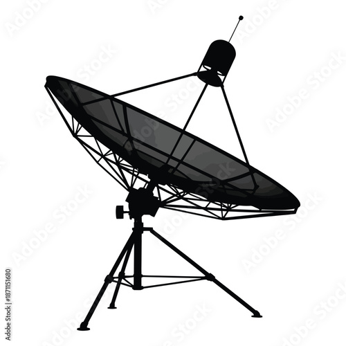 Black satellite dish on a tripod stand for signal reception and transmission