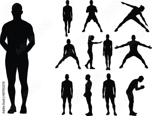 Male and female workout poses silhouette collection, fitness training body positions, stretching, exercise movement, gym standing figures, active lifestyle vector