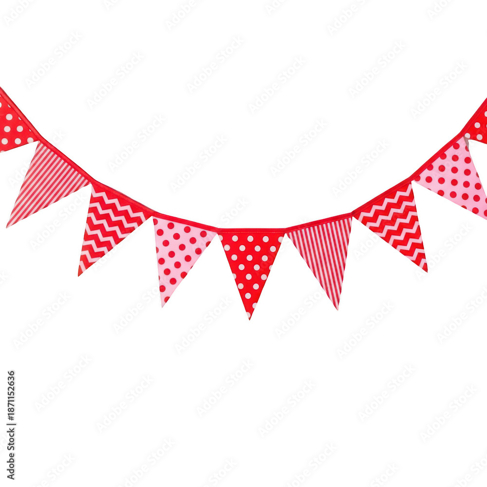 Obraz premium Colorful red and pink triangular pennant banner with various patterns isolated on transparent background for party decoration