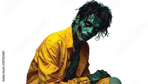 Intense Zombie Portrait with Yellow Shirt and Red Eyes.