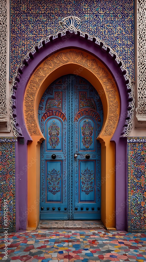 Obraz premium Ornate archway frames vibrant blue wooden double doors set within richly decorated architectural facade