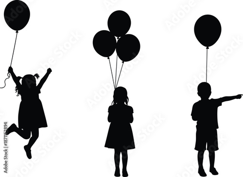 Silhouette of happy children holding balloons, playful boy and girls with floating balloons, childhood joy, vector illustration for celebration theme