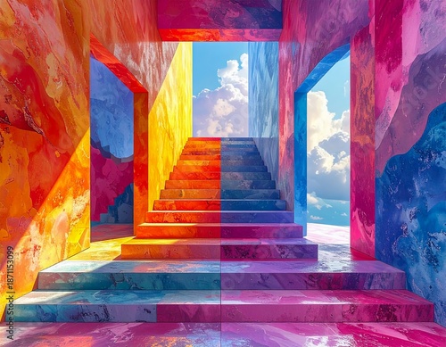 Colorful stairs lead to bright sky with clouds in an artistic space during the day