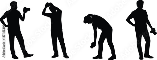 Camera silhouette, photographer clipart, people taking pictures, DSLR user pose, candid shot vector, photography hobbyist, camera handling figures