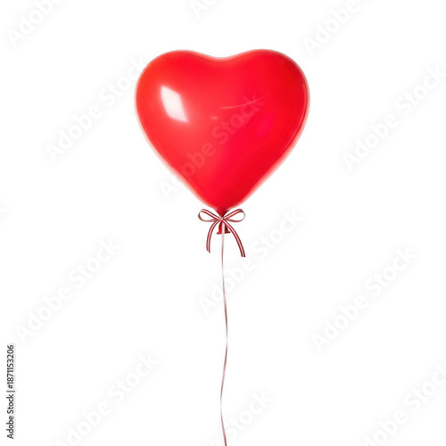 A bright red heart shaped balloon tied with a ribbon isolated on transparent background
