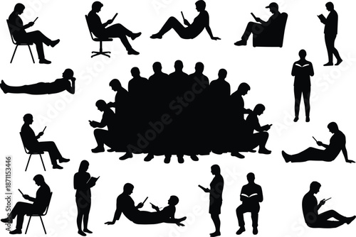People reading books or tablets in various poses, silhouette collection, group learning, reading habits, education concept, digital and print readers