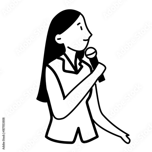 Woman Singer or MC Holding Microphone Line Art Illustration, Minimalist Performer Vector Icon, Female Host Portrait Outline Artwork, Music Stage and Event Concept