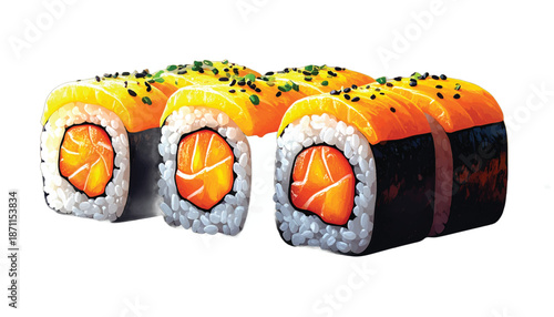 Delicious Salmon Sushi Rolls with Orange Topping and Black Sesame Seeds.