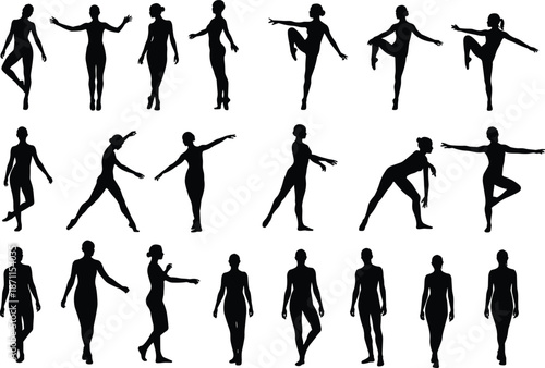 Female dancer silhouette set showing various poses, contemporary dance moves, ballet and expressive movement vector collection for artistic designs