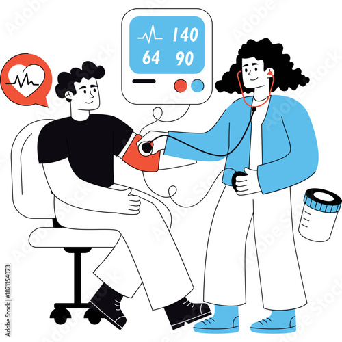 Doctor checks patient's blood pressure with monitor and stethoscope