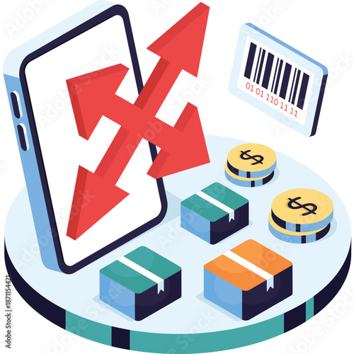 E-commerce Concept with Smartphone, Boxes, Coins, and Barcode