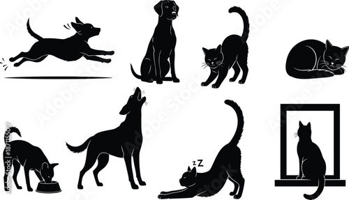 Cat and dog silhouette vector set, pet animal icons, black shapes, domestic animals in action, sitting, stretching, and sleeping