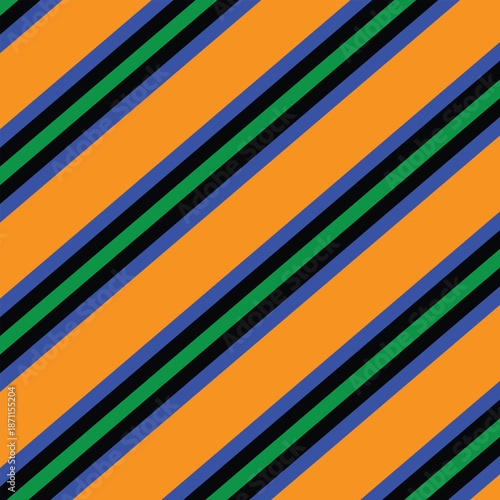 This image displays a repeating diagonal pattern of stripes. The pattern features wide orange bands separated by thinner, parallel stripes of blue, green, and black. The stripes are oriented at a cons