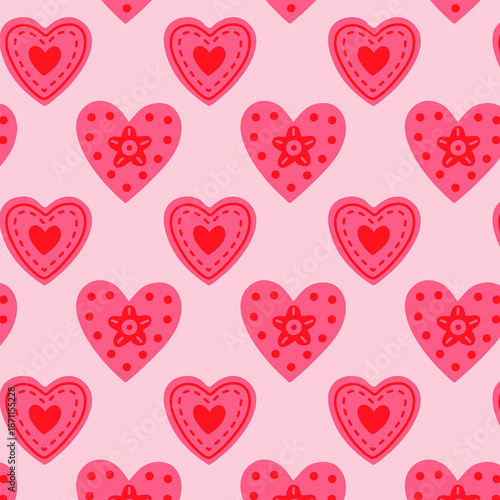 Seamless pattern with decorative pink hearts on soft background. Cute romantic design for Valentine stationery, wrapping paper, textile and love themed projects.