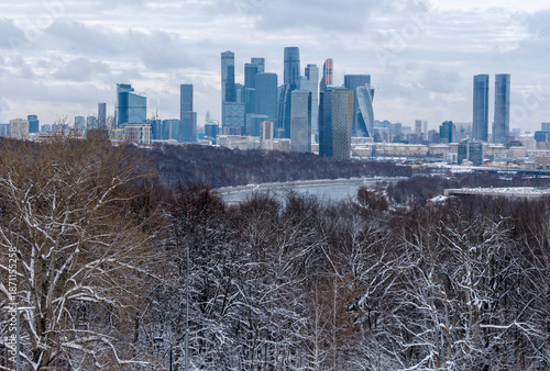 Canvas Print Winter Cityscape with Snow-Covered Forest and River