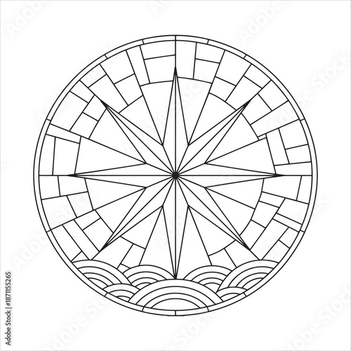 Celestial Compass Star over Ocean Waves Stained Glass