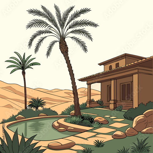 Desert oasis resort with palm trees and pool