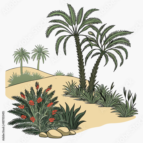 Desert oasis with palm trees and red flowers on sandy hill