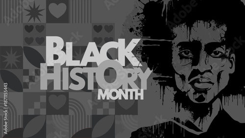 Black history month banner with man portrait, grunge ink style and geometric pattern background. Vector illustration