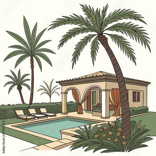 Luxury desert vacation oasis with pool palm trees tropical resort