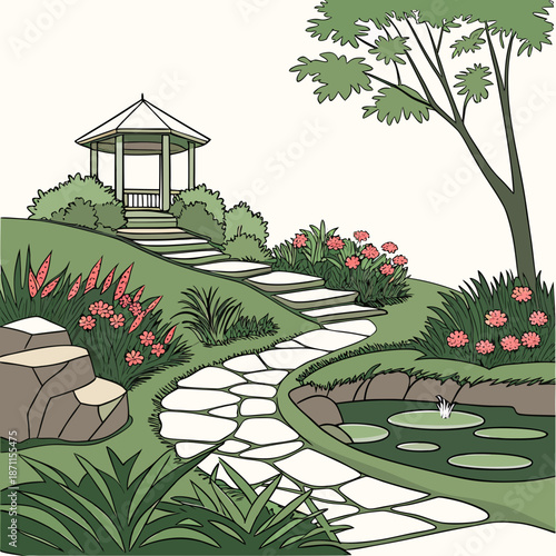 Serene garden oasis with gazebo and winding stone path