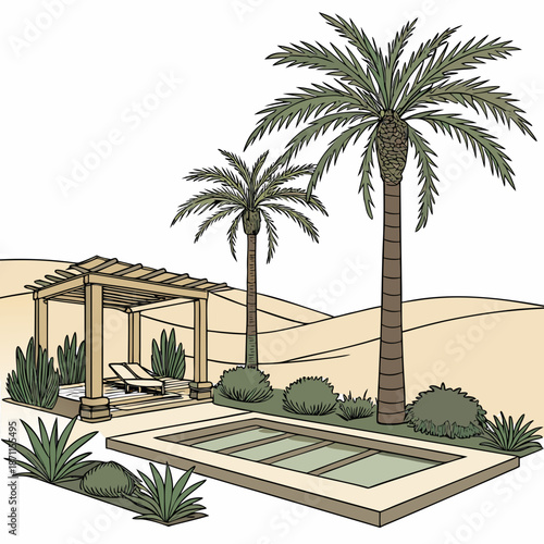Desert oasis with pool palm trees and pergola