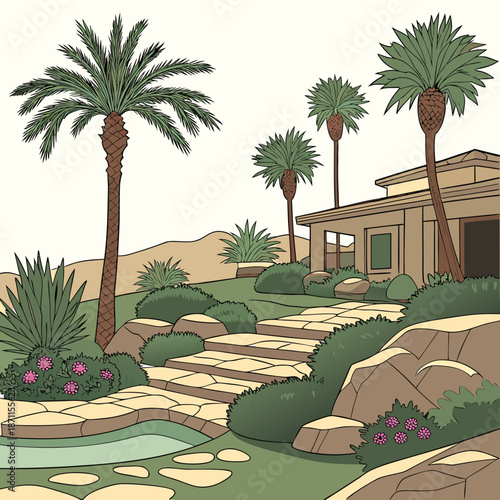 Desert oasis resort with smooth garden layering palm trees