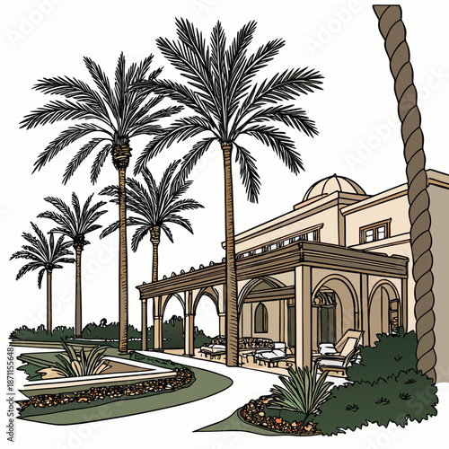 Luxury desert garden resort with palm lined seating area